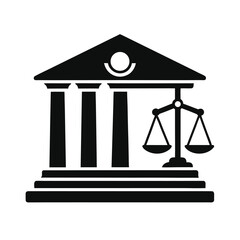 Courthouse silhouette with columns and Scales of Justice icon