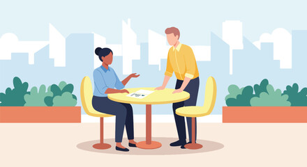 Flat vector illustration of business colleagues meeting in modern city cafe with skyline view. Solid warm tones, minimal clean shapes, no gradients, professional urban lifestyle