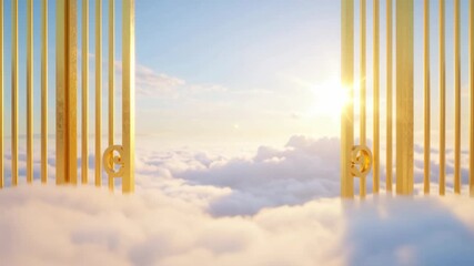 Golden gates opening above clouds, sunrise rays through metal bars, celestial doorway in mist, ethereal sky vista, hopeful passage to light, spiritual ascension, dreamy horizon perspective - Powered by Adobe