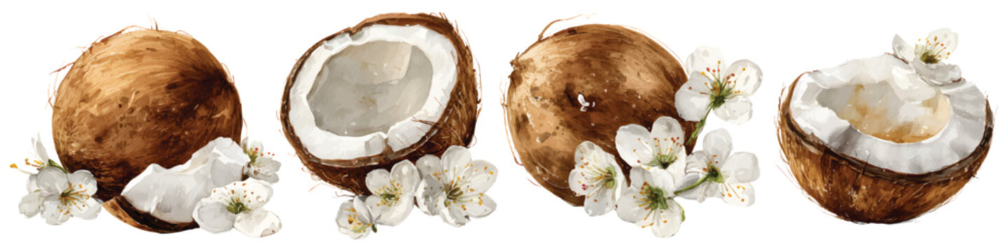 Whole and halved cracked coconuts with white  blossoms flower, tropical fruit watercolor set isolated on transparent background