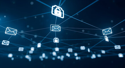 Experience robust digital security with glowing network connections linking encrypted emails and protected data, ensuring privacy in a dynamic online environment.
