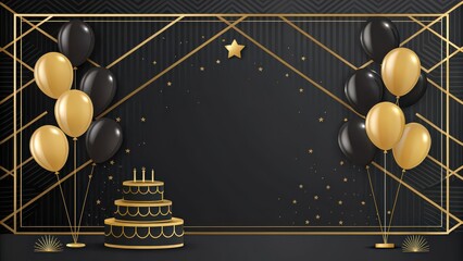 Celebrate in style with this elegant black and gold birthday backdrop featuring balloons and a tiered cake, perfect for festive events and glamorous parties.