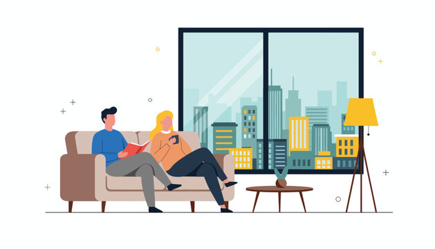 Flat vector illustration of young couple relaxing in modern apartment with skyline window view. Solid calm palette, clean layout, no gradients, cozy urban home life concept - Powered by Adobe