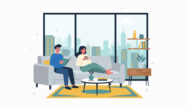 Flat vector illustration of young couple relaxing in modern apartment with skyline window view. Solid calm palette, clean layout, no gradients, cozy urban home life concept