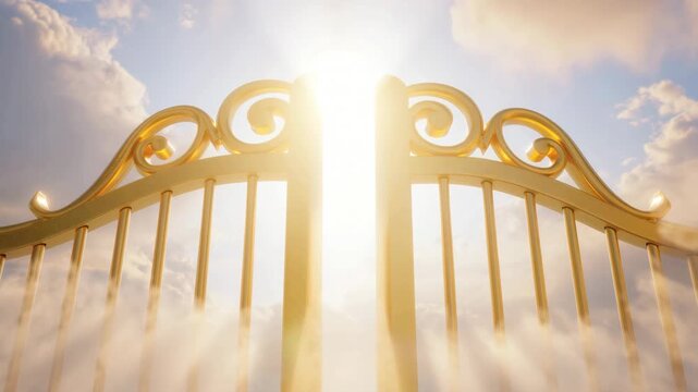Golden gates with ornate design opening to a cloud-filled sky, heavenly entrance concept, sunlight streaming through the clouds, ethereal and serene atmosphere, spiritual and divine theme