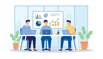 Flat vector illustration of people using laptops in shared co-working office. Solid tones, modern geometric furniture, clean perspective, no gradients, digital business lifestyle