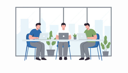 Flat vector illustration of people using laptops in shared co-working office. Solid tones, modern geometric furniture, clean perspective, no gradients, digital business lifestyle