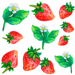 Seamless raster pattern with watercolor-painted strawberry berries, leaves, and flowers on a white background.