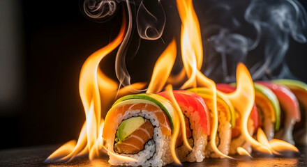 Stunning vibrant sushi rolls engulfed in dynamic flames with ethereal smoke against a dark background, perfect for a modern restaurant menu or culinary promotion.