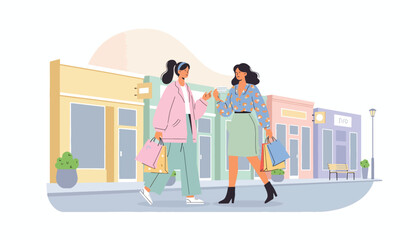 Flat vector illustration of women walking downtown carrying shopping bags. Solid pastel tones, minimal geometric layout, no gradients, modern retail lifestyle in big city