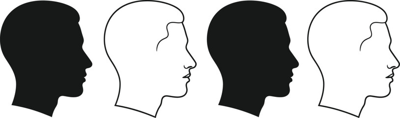 Four profile silhouettes of human heads contrasting black and white outlines