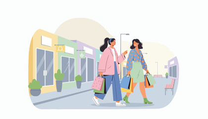 Flat vector illustration of women walking downtown carrying shopping bags. Solid pastel tones, minimal geometric layout, no gradients, modern retail lifestyle in big city