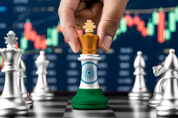 Indian stock market strategy depicted with a chess king piece featuring the Indian flag set against a backdrop of stock charts symbolizing investment and financial planning for growth and success