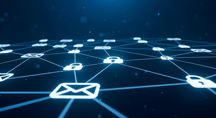 Experience robust cybersecurity and data privacy with this interconnected network of glowing padlock and envelope icons, symbolizing secure digital communication and global protection.
