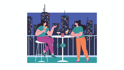 Flat vector illustration of people enjoying rooftop bar under city lights. Solid dark palette, bright highlights, no gradients, elegant nightlife illustration, modern urban vibe
