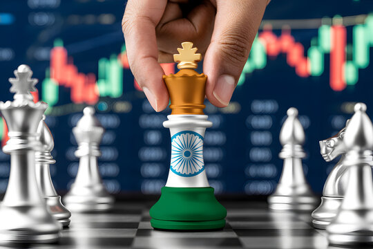 Indian stock market strategy depicted with a chess king piece featuring the Indian flag set against a backdrop of stock charts symbolizing investment and financial planning for growth and success