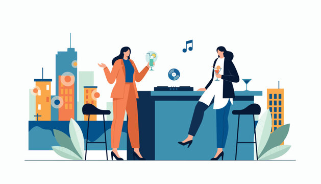 Flat vector illustration of people enjoying rooftop bar under city lights. Solid dark palette, bright highlights, no gradients, elegant nightlife illustration, modern urban vibe