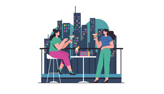 Flat vector illustration of people enjoying rooftop bar under city lights. Solid dark palette, bright highlights, no gradients, elegant nightlife illustration, modern urban vibe