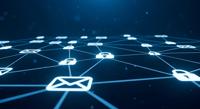 Experience robust cybersecurity and data privacy with this interconnected network of glowing padlock and envelope icons, symbolizing secure digital communication and global protection.