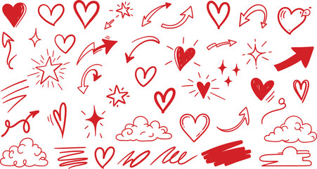 Red hand drawn heart arrows stars doodle set romantic sketch elements for decoration vector design