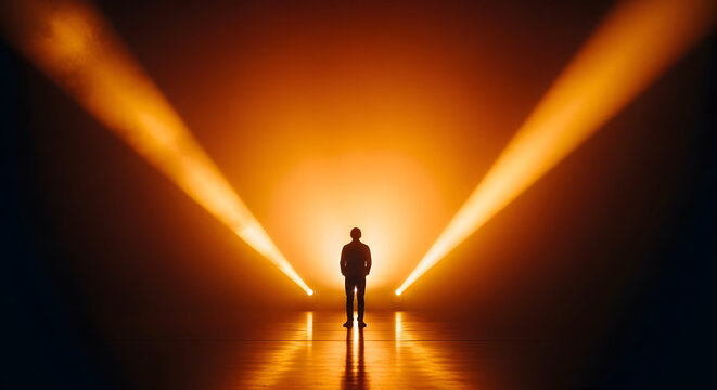 Captivating silhouette of a person standing confidently in brilliant orange spotlights on a reflective stage, symbolizing a dramatic moment of discovery or a bright, hopeful future.