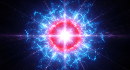 Vibrant cosmic energy burst with electrifying blue and red light radiating dynamically from a brilliant core, perfect for sci-fi or tech themes.