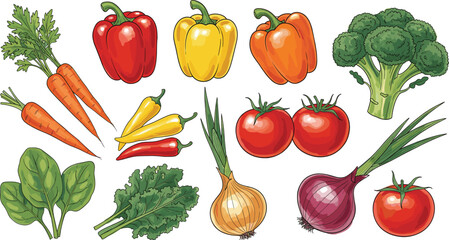 Fresh colorful vegetable illustration featuring peppers, carrots, tomatoes, onions, broccoli, spinach, kale, ideal for healthy designs
