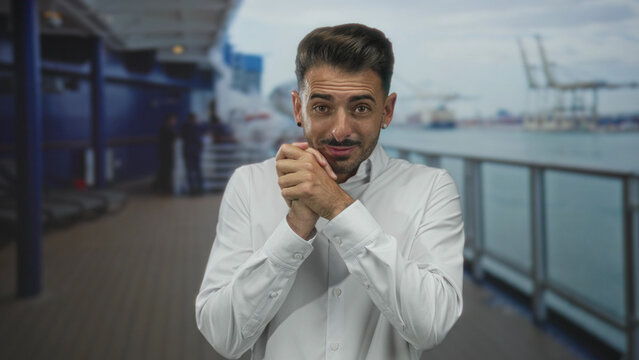 Young hispanic man clasping hands on ship deck railing with cargo cranes in view under open sky; hopeful.