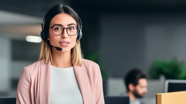 A woman wearing a pink jacket and glasses is smiling at the camera. She is wearing a headset and she is a customer service representative