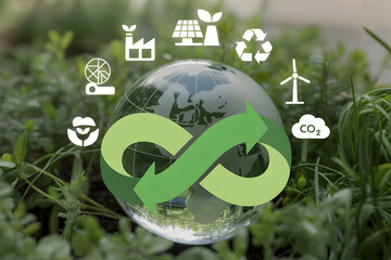 Sustainability concept featuring a globe with recycling arrows solar panels wind turbine and CO2 reduction symbols surrounded by green plants emphasizing environmental awareness and renewable energy