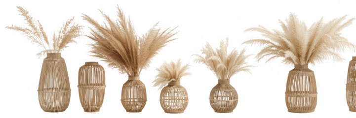 Collection of pampas grass in vases, isolated on transparent background