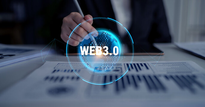 The global impact of the Web 3.0 next generation internet. A futuristic concept of a worldwide decentralized network and digital transformation. Motif