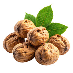 Walnuts Stack of whole walnuts with fresh, green leaves behind them