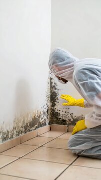 Inspector in protective suit examining mold on wall, mold remediation process, home health risk assessment, professional mold removal, safety equipment, indoor air quality inspection