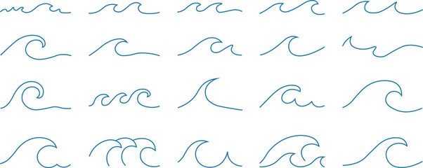 Sea line doodle icon set with waves.  Draw the outline of a water wave by hand.  Scribble aqua flow, simple curve.  Vector illustration