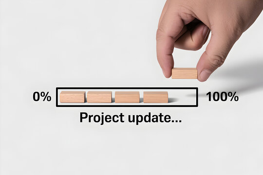 Hand completing a project update progress bar with wooden blocks symbolizing task completion goal achievement and reaching 100 percent success in business and project management