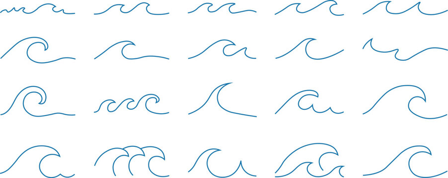 Sea line doodle icon set with waves.  Draw the outline of a water wave by hand.  Scribble aqua flow, simple curve.  Vector illustration