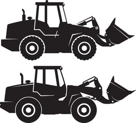 Naklejka premium Two identical black loader trucks in silhouette against white background