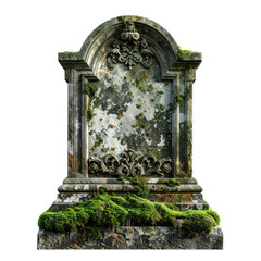 Old headstone with moss and ornate carving, isolated on black background