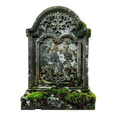 Moss-covered, ornate tombstone with weathered details in a somber setting