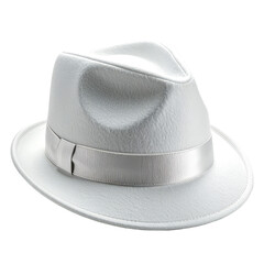 White fedora with a silver band. Classic fashion statement