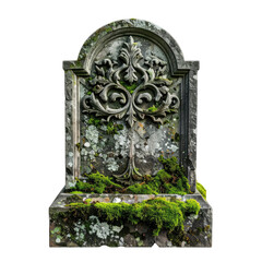 Ornate gravestone with moss growth, gothic carvings