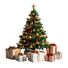 Holiday tree decorated, ornaments, lights. Gifts underneath