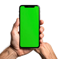 Person holding smartphone with vibrant green screen display. Isolated shot