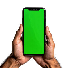 Holding smartphone. Green screen for content replacement in hands