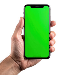 Hand holding phone with a green screen display on a black background