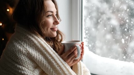 A woman in a warm blanket gazes out her window at the beautiful winter snowfall.