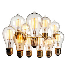 Cluster of incandescent filament bulbs glowing against a dark background