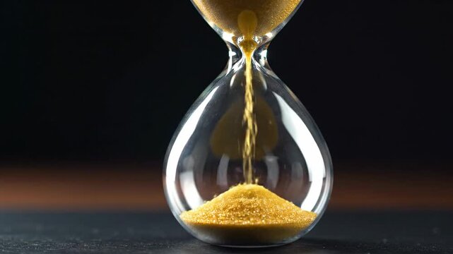 The image shows an hourglass. The upper part of the clock is almost empty, while the lower part is filled with golden sand. A thin stream of sand flows through the narrow neck of the watch, connecting