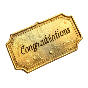 Golden engraved tag with congratulatory message isolated